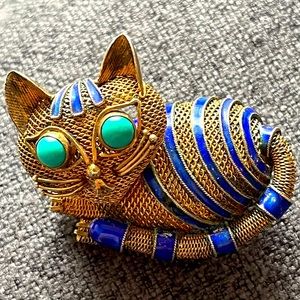 ANTIQUE very rare Mid Century gilt silver mesh enamel brooch w/ turquois…